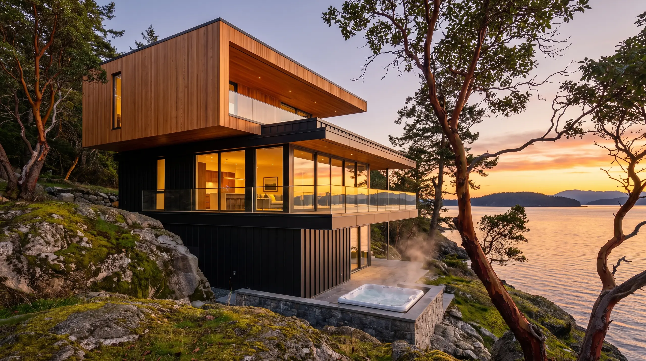 The Halfmoon, a three-storey Estate home above the water at sunset