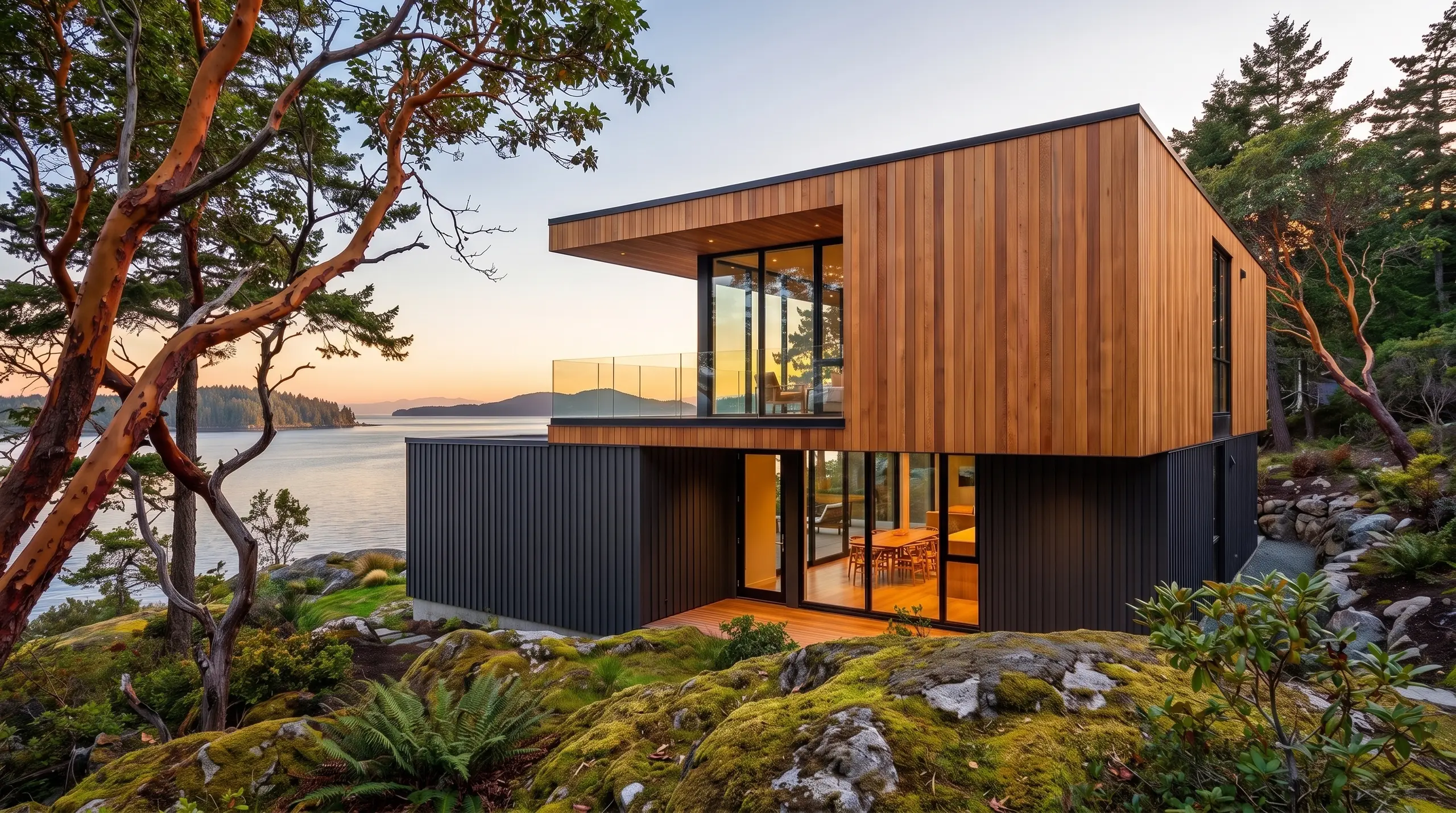 Two-storey cedar home on a rocky waterfront at sunset